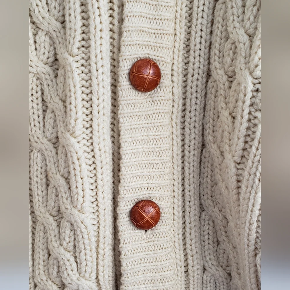 Oakton Limited 90s Chunky Cable Knit Cable Cardigan Sweater Beige Sz M Grandpa